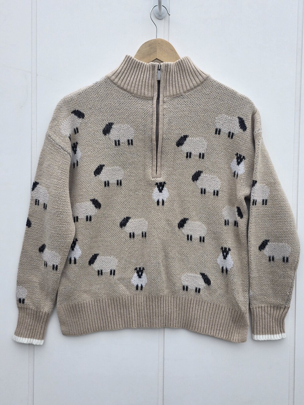 Ricki's 1/4 Zip Sheep Lamb Acrylic Sweater Beige Womens Medium